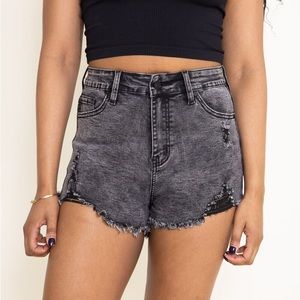 NWT- KANCAN High Rise Acid Wash Distressed Shorts for Women in Black
